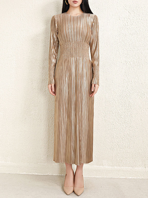 Solid Color Shiny Pleated Bronzing Loose Long Sleeves Round-Neck Midi Dresses