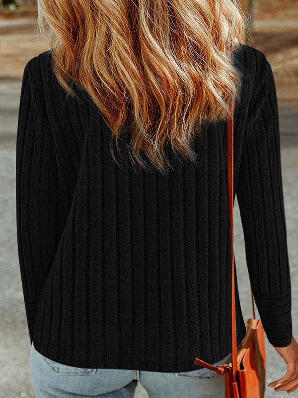 Solid Color Buttoned Loose Long Sleeves Round-Neck T-Shirts Tops