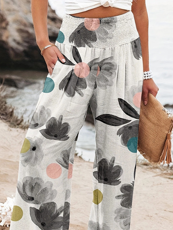 Pockets Pleated Flower Print Elasticity Wide Leg Loose Trousers Pants