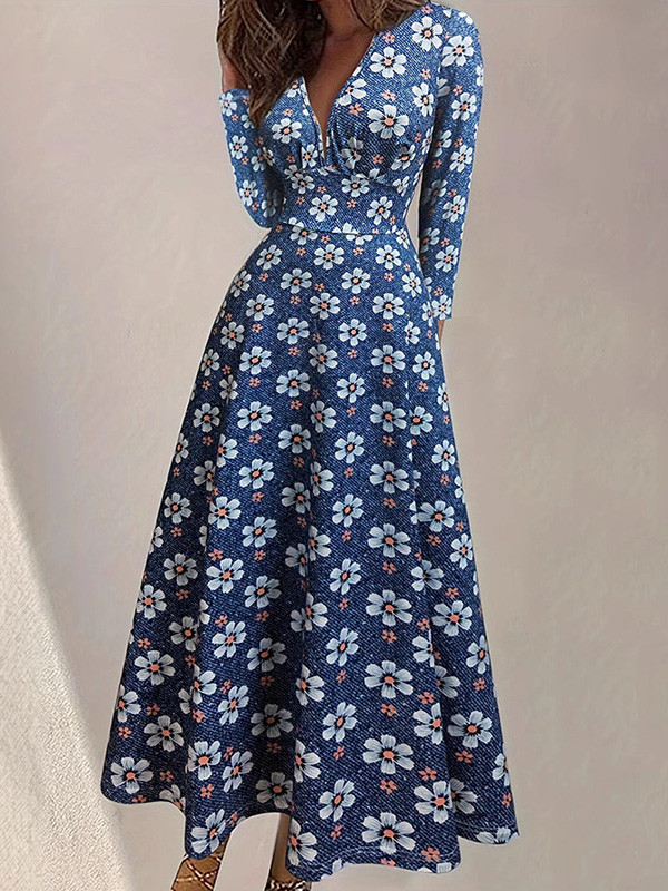 Split-Joint Flower Print Loose Long Sleeves Deep V-Neck Maxi Dresses
