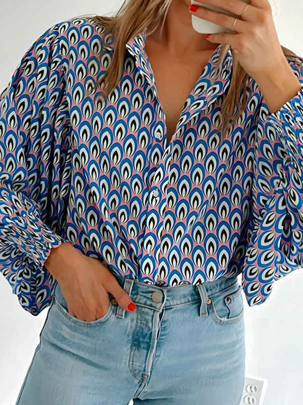 Elasticity Contrast Color Buttoned Puff Sleeves Loose Lapel Blouses&Shirts Tops