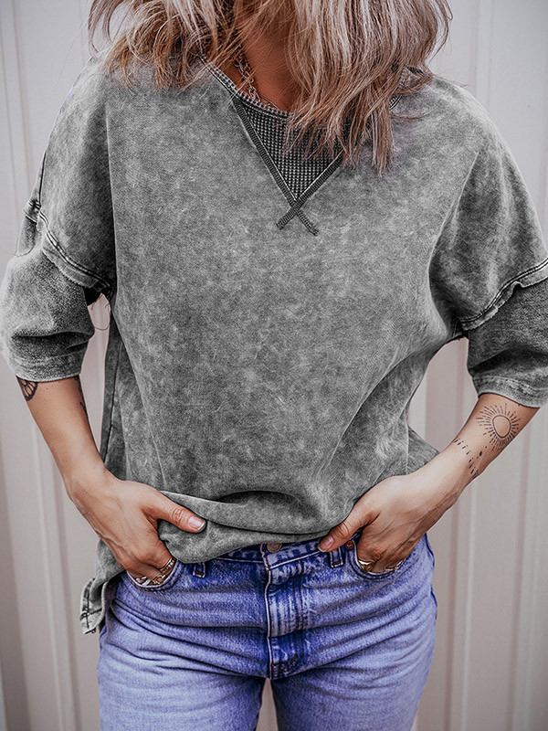 Split-Joint Loose High-Low Round-Neck T-Shirts Tops