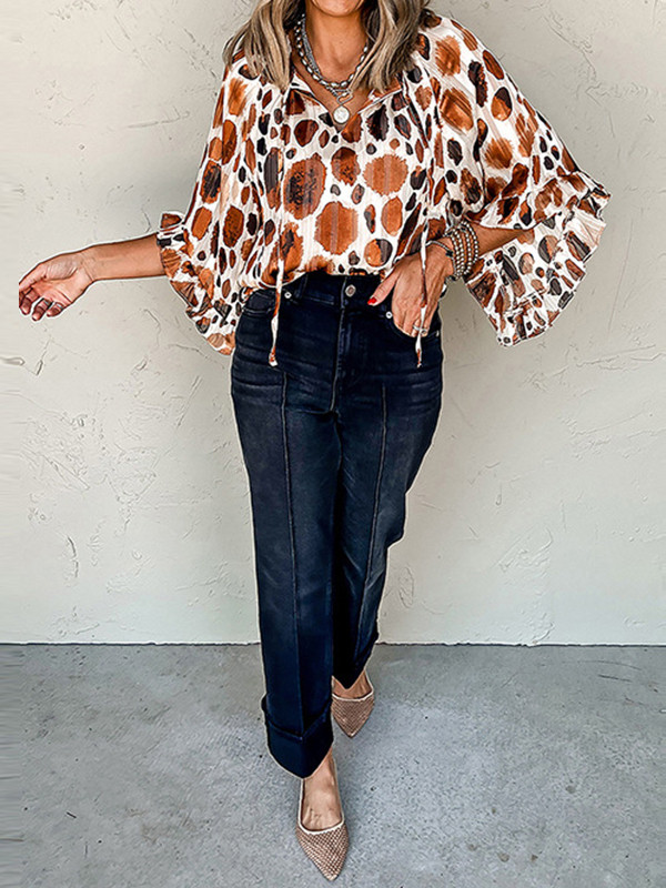 Split-Joint Pleated Contrast Color Loose Long Sleeves V-neck Blouses&shirts Tops