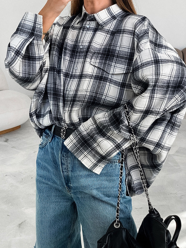Pockets Plaid Buttoned Loose Long Sleeves Lapel Blouses&Shirts Tops