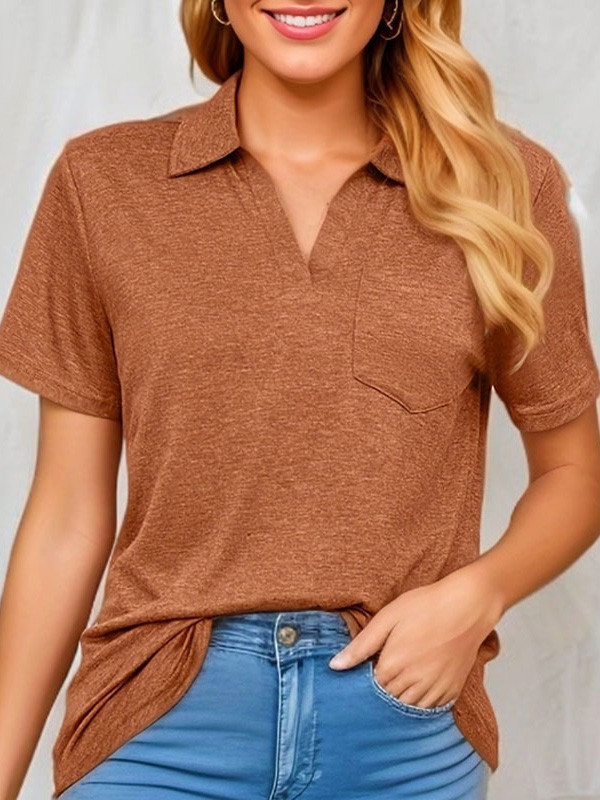 Solid Color Pockets Short Sleeves Loose V-Neck T-Shirts Tops