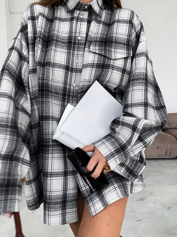 Pockets Plaid Buttoned Loose Long Sleeves Lapel Blouses&Shirts Tops