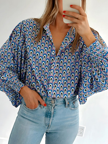 Elasticity Contrast Color Buttoned Puff Sleeves Loose Lapel Blouses&Shirts Tops