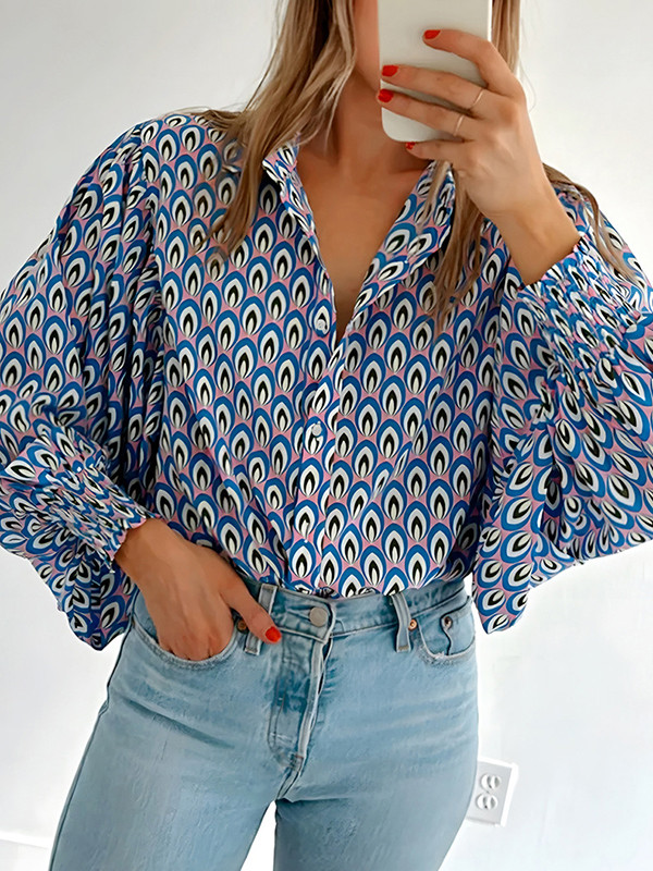 Elasticity Contrast Color Buttoned Puff Sleeves Loose Lapel Blouses&Shirts Tops