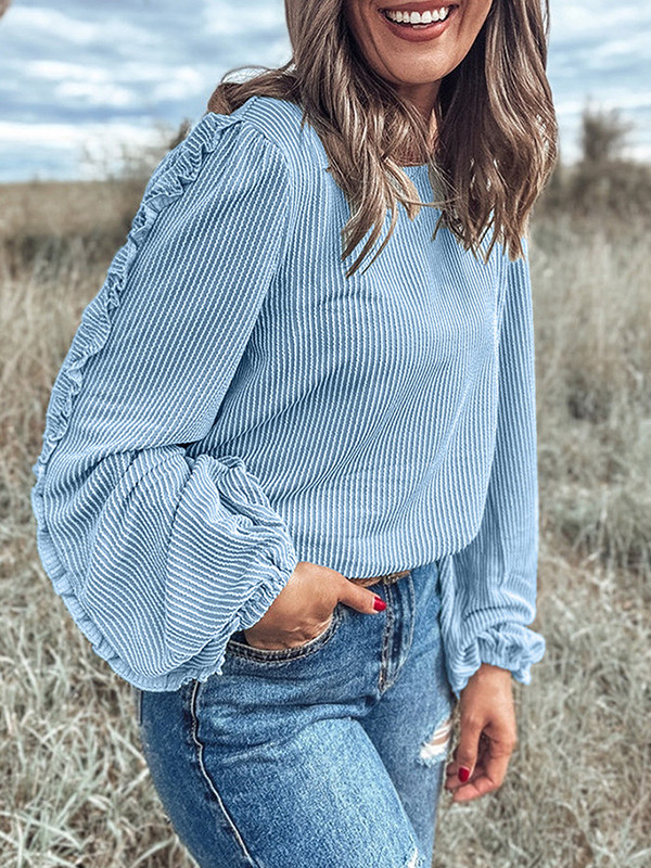 Solid Color Ruffle Trim Loose Long Sleeves Round-Neck Blouses&Shirts Tops