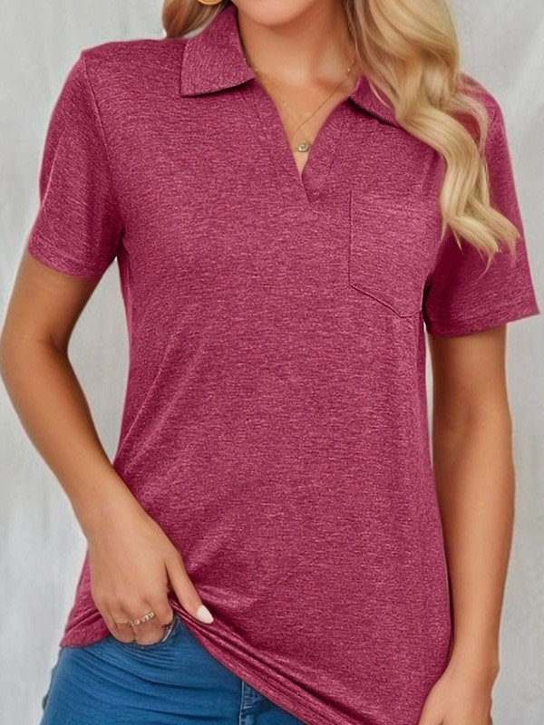 Solid Color Pockets Short Sleeves Loose V-Neck T-Shirts Tops