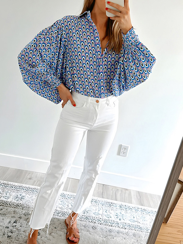 Elasticity Contrast Color Buttoned Puff Sleeves Loose Lapel Blouses&Shirts Tops