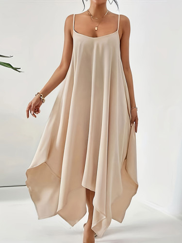Solid Color Asymmetric Sleeveless Loose Spaghetti-Neck Maxi Dresses