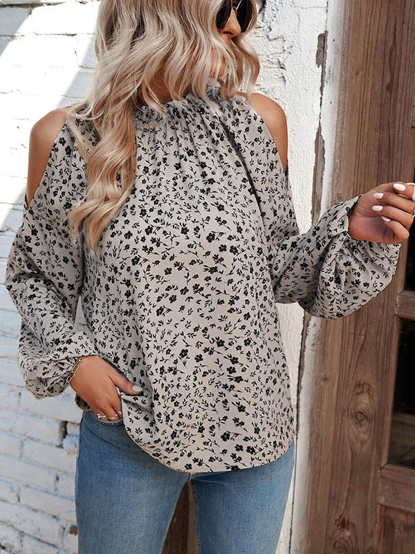 Pleated Hollow Flower Print Elasticity Puff Sleeves Loose Cold Shoulder Blouses&Shirts Tops