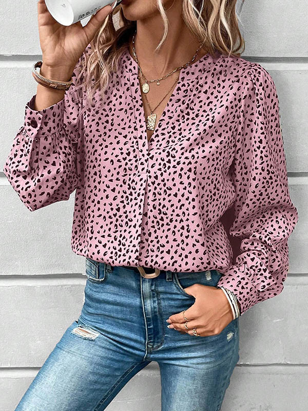 Pleated Leopard Puff Sleeves Loose V-Neck Blouses&Shirts Tops