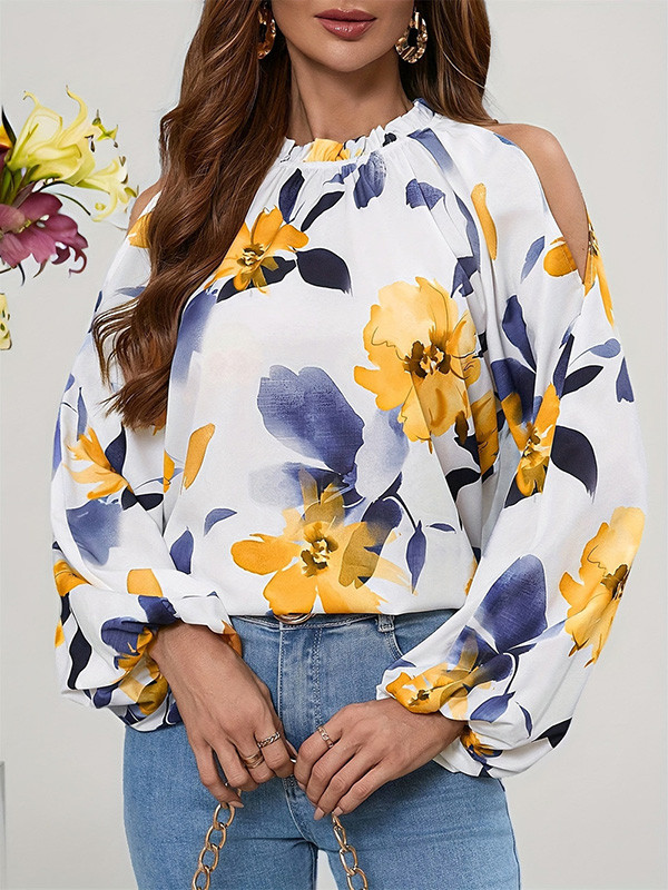 Pleated Flower Print Elasticity Puff Sleeves Loose Cold Shoulder Blouses&Shirts Tops