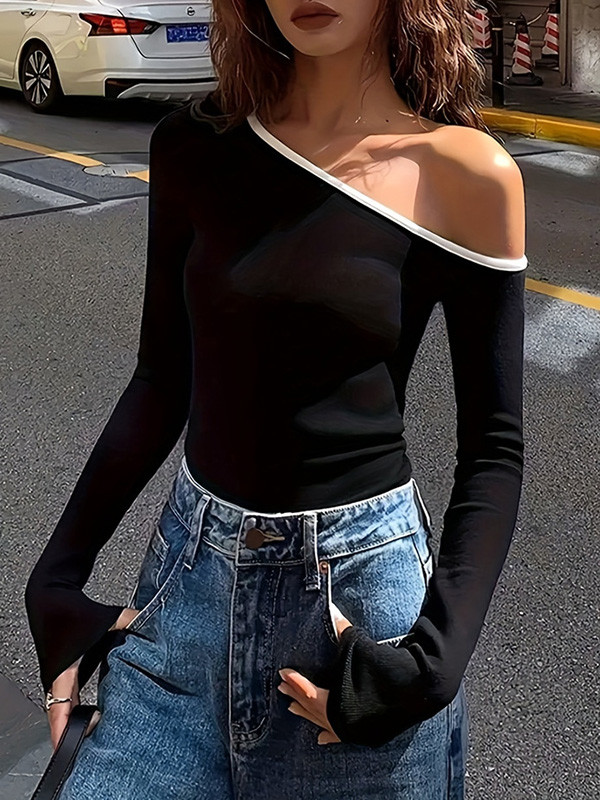 Asymmetric Skinny Long Sleeves One-Shoulder T-Shirts Tops
