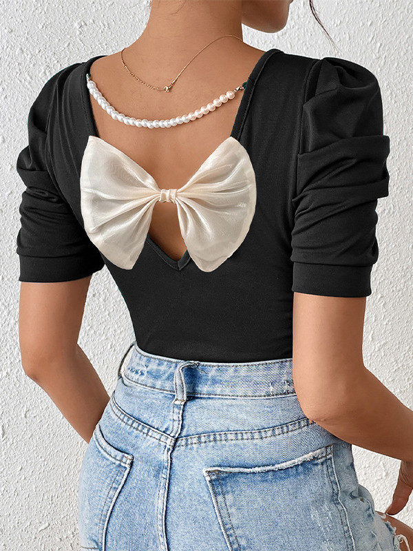 Pleated Bowknot Short Sleeves Round-Neck T-Shirts Tops