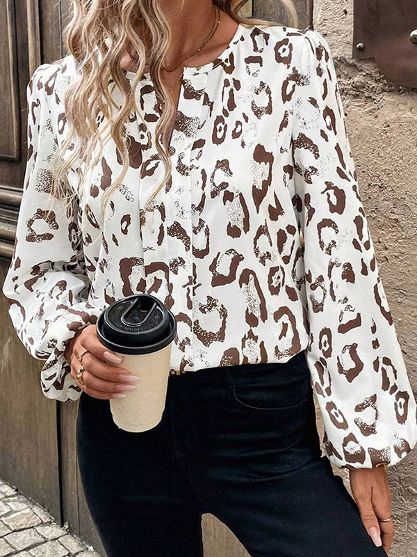 Leopard Elasticity Contrast Color Puff Sleeves Loose V-Neck Blouses&Shirts Tops