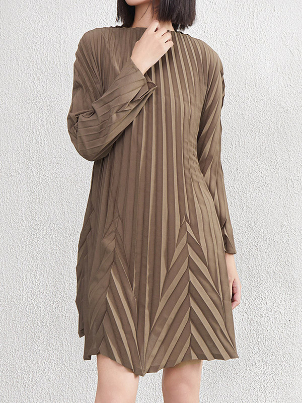 Solid Color Pleated Loose Long Sleeves Round-Neck Mini Dresses
