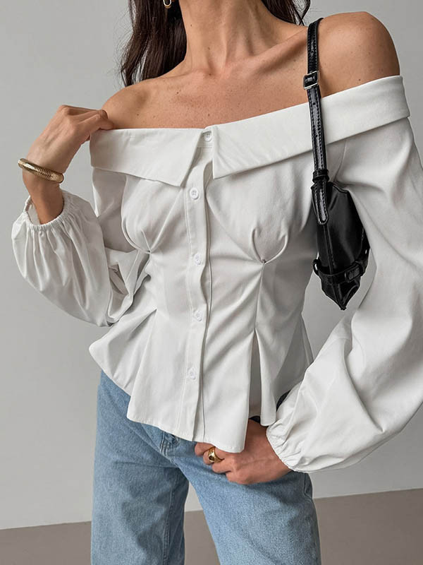 Solid Color Pockets Elasticity Buttoned Loose Long Sleeves Off-The-Shoulder Blouses&Shirts Tops
