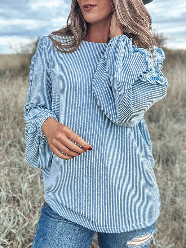 Solid Color Ruffle Trim Loose Long Sleeves Round-Neck Blouses&Shirts Tops