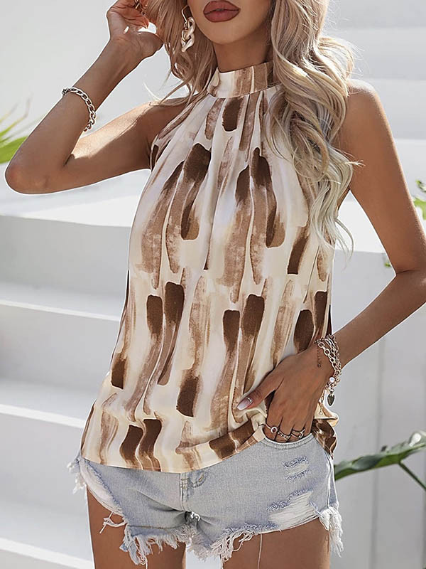 Pleated Hollow Contrast Color Sleeveless Loose Halter-Neck Vest Top