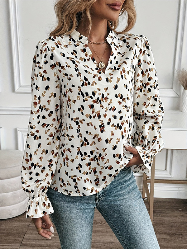 Printed Elasticity Puff Sleeves Loose V-Neck Blouses&Shirts Tops