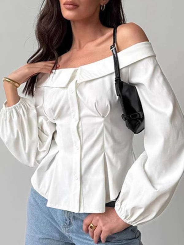 Solid Color Pockets Elasticity Buttoned Loose Long Sleeves Off-The-Shoulder Blouses&Shirts Tops