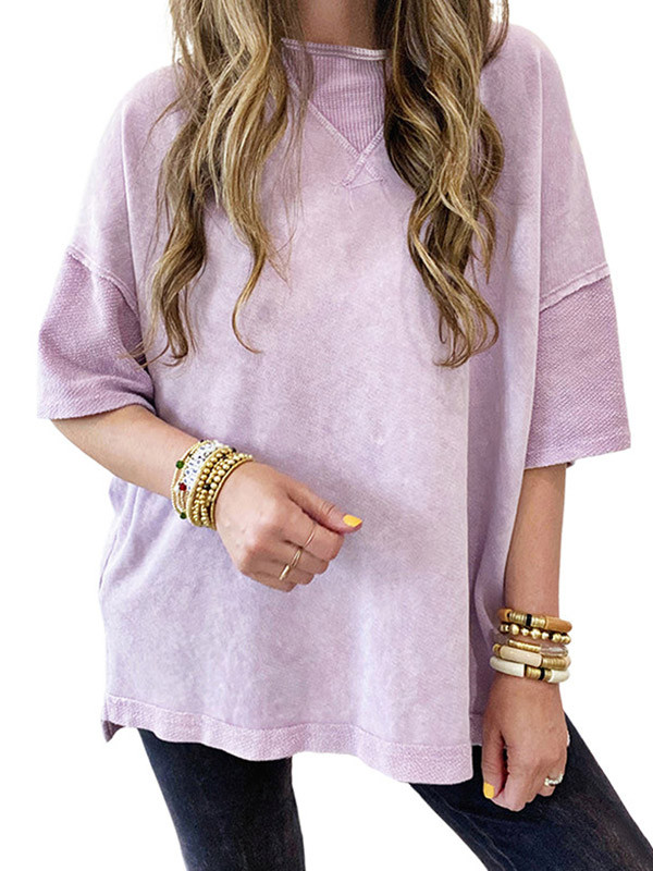 Split-Joint Loose High-Low Round-Neck T-Shirts Tops