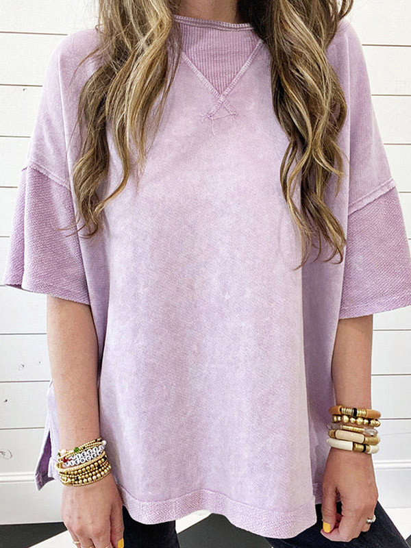 Split-Joint Loose High-Low Round-Neck T-Shirts Tops