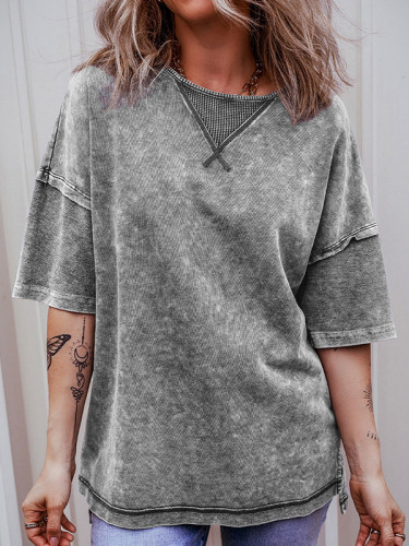 Split-Joint Loose High-Low Round-Neck T-Shirts Tops