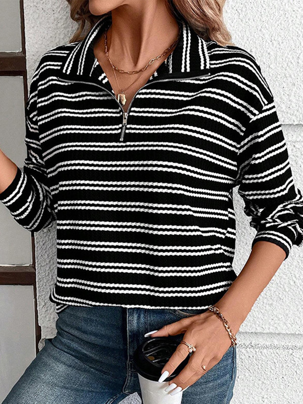 Zipper Striped Contrast Color Loose Long Sleeves Lapel Sweatshirt Tops