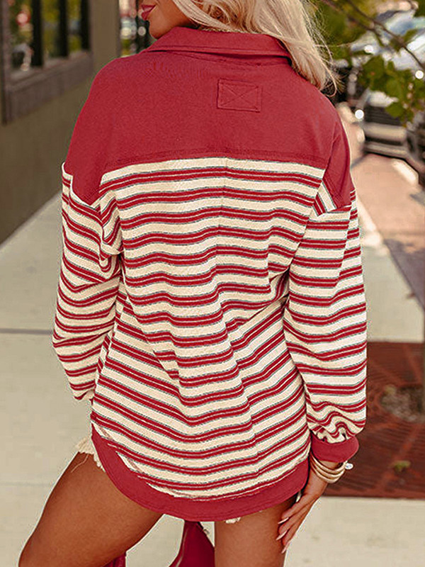 Striped Split-Joint Contrast Color Buttoned Loose Long Sleeves V-neck Sweatshirt Tops
