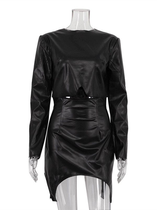 Round-Neck Solid Color Split-Joint T-shirt Top + Zipper Bodycon High Waisted Skirts Bottom Two Pieces Set