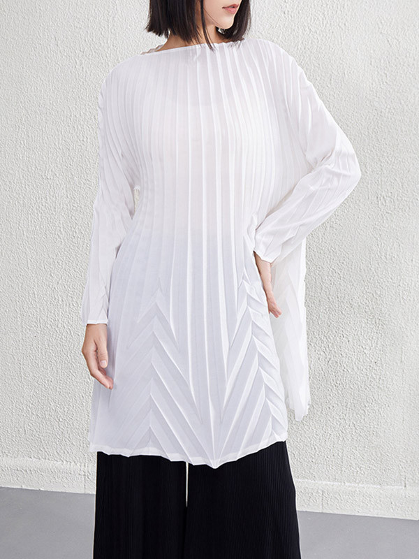 Solid Color Pleated Loose Long Sleeves Round-Neck Mini Dresses