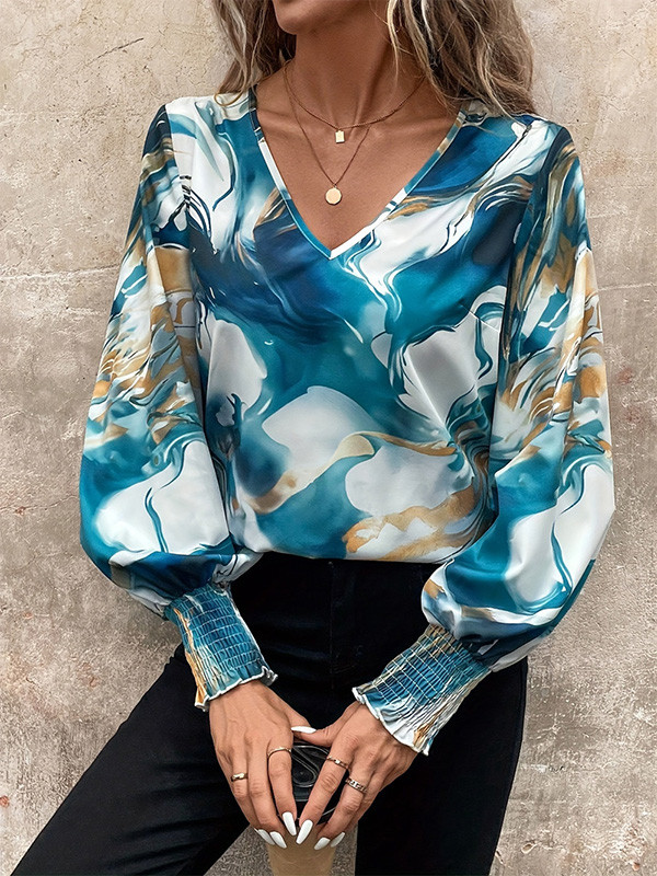 Elasticity Contrast Color Puff Sleeves Loose V-Neck T-Shirts Tops