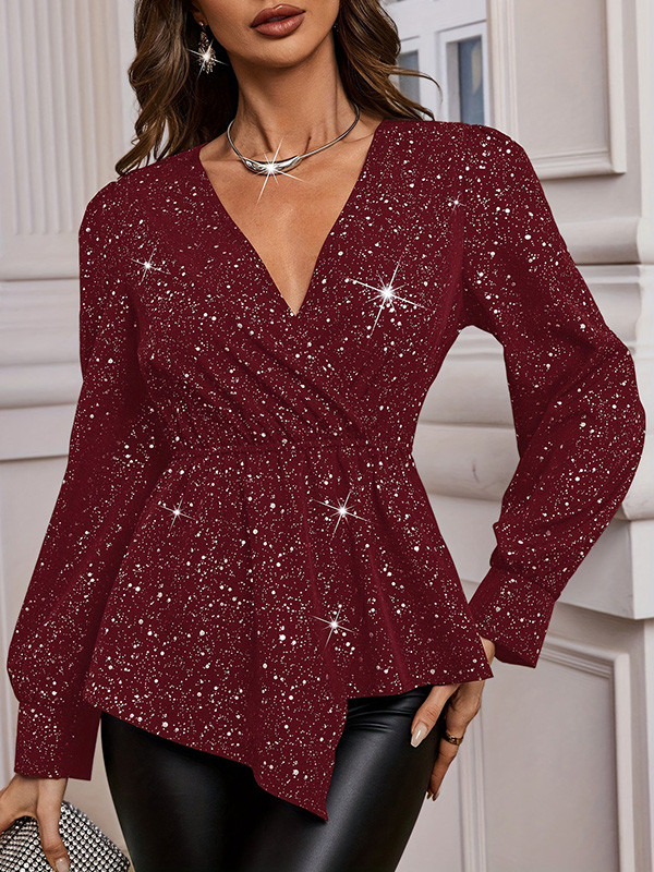 Printed Pleated Asymmetric Loose Long Sleeves V-Neck Blouses&Shirts Tops