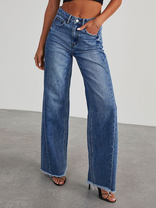 Tasseled Split-Joint Wide Leg High Waisted Jean Pants Bottoms