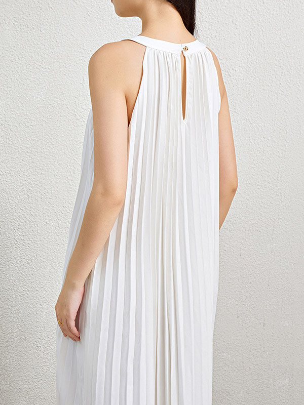 Solid Color Pockets Pleated Hollow Sleeveless Loose Halter-Neck Maxi Dresses