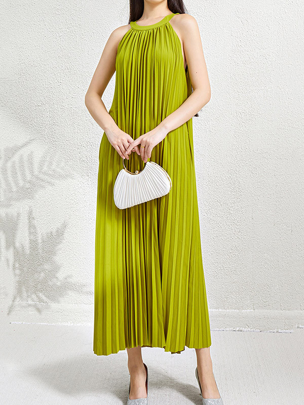 Solid Color Pockets Pleated Hollow Sleeveless Loose Halter-Neck Maxi Dresses