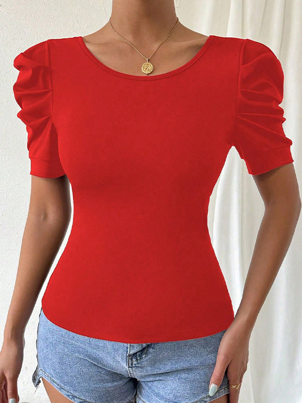 Pleated Bowknot Short Sleeves Round-Neck T-Shirts Tops