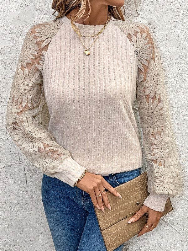 Split-Joint See-Through Loose Long Sleeves Round-Neck T-Shirts Tops
