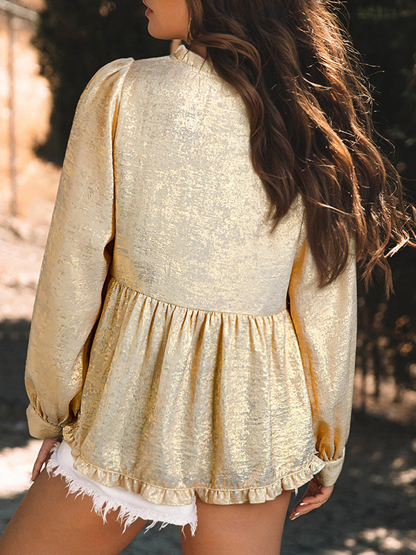 Solid Color Shiny Pleated Loose Long Sleeves V-Neck Blouses&Shirts Tops