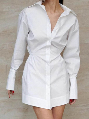 Solid Color Pleated Buttoned Loose Long Sleeves Lapel Shirt Dress Mini Dresses