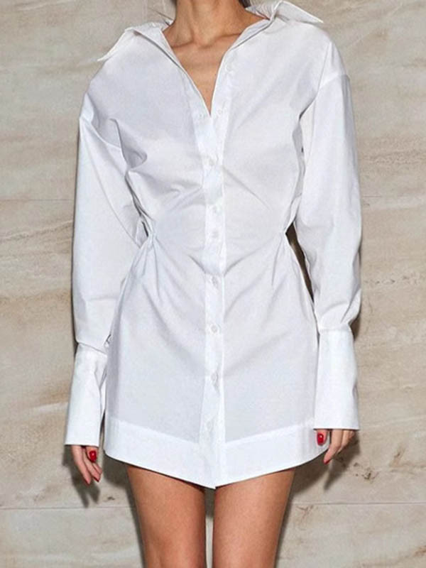 Solid Color Pleated Buttoned Loose Long Sleeves Lapel Shirt Dress Mini Dresses