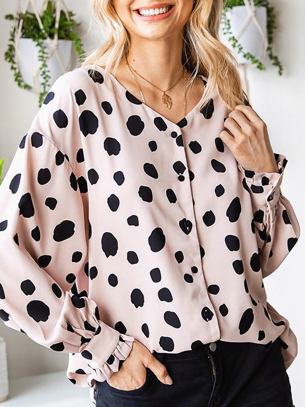 Polka-Dot Pleated Buttoned Loose Long Sleeves V-Neck Blouses&Shirts Tops