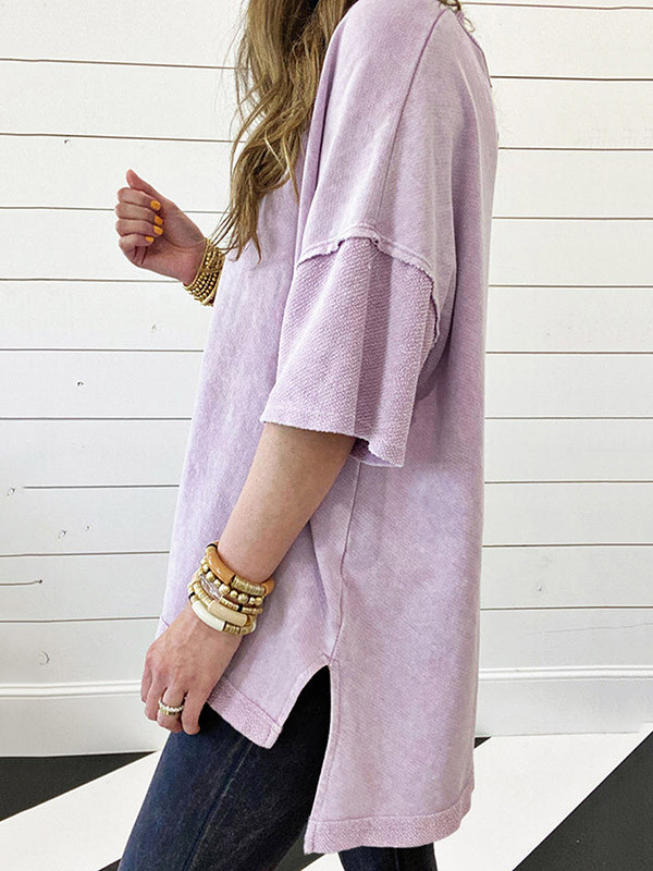 Split-Joint Loose High-Low Round-Neck T-Shirts Tops