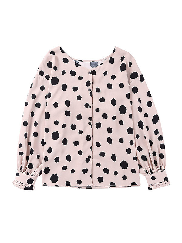 Polka-Dot Pleated Buttoned Loose Long Sleeves V-Neck Blouses&Shirts Tops