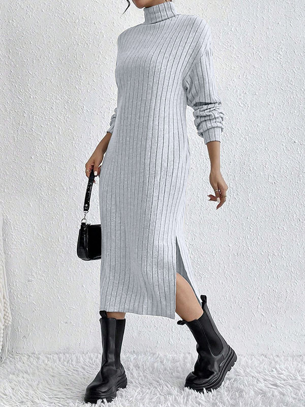 Split-Side Solid Color No Belt Loose Long Sleeves High Neck Midi Dresses