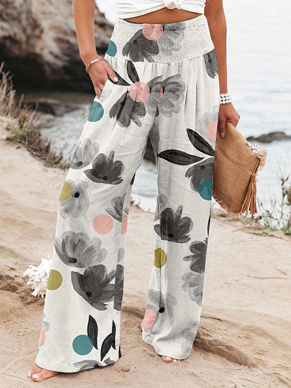 Pockets Pleated Flower Print Elasticity Wide Leg Loose Trousers Pants